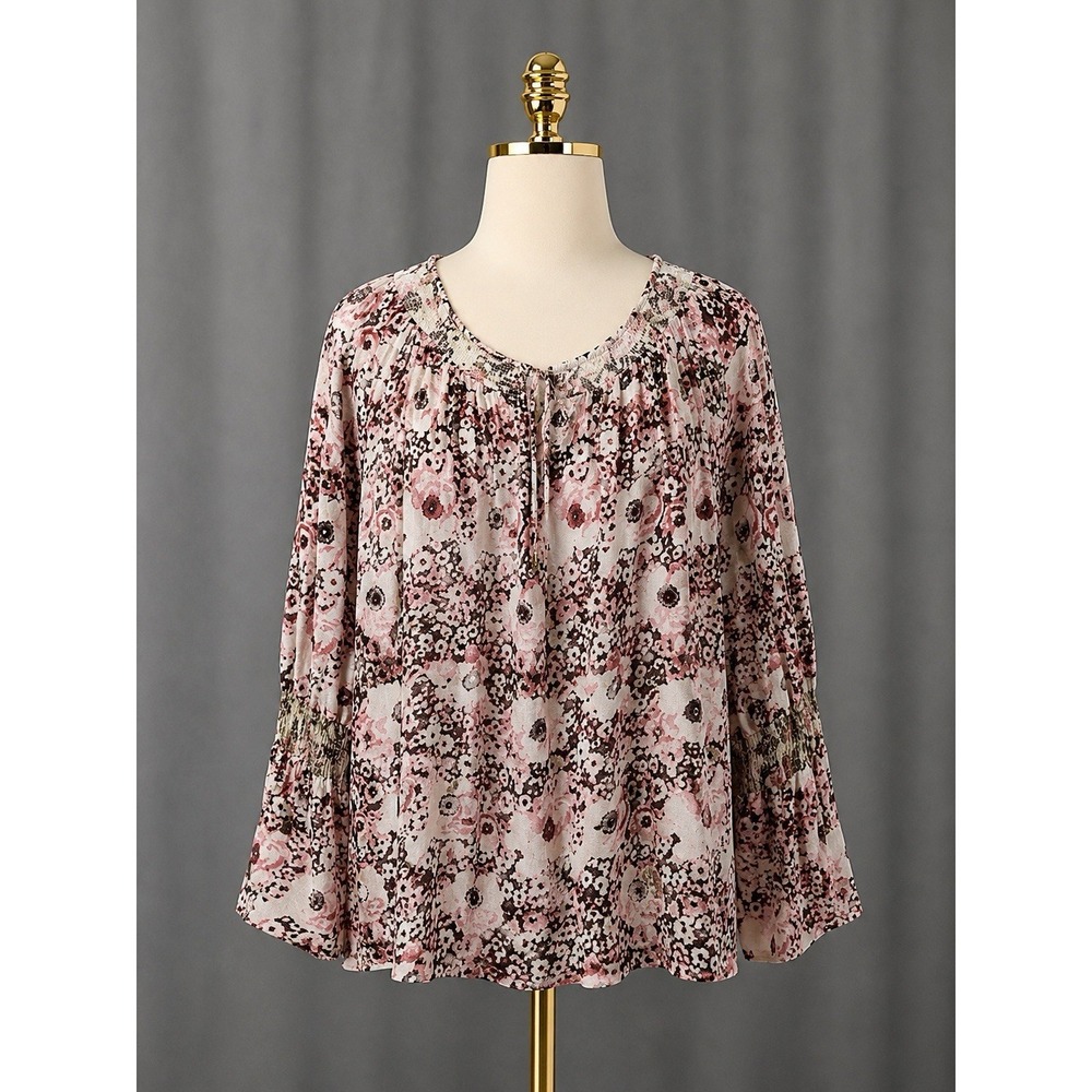 Lucky Brand Women's Top 2X Pink Floral Boho Bell Sleeve‎ Flowy Knit Keyhole Neck